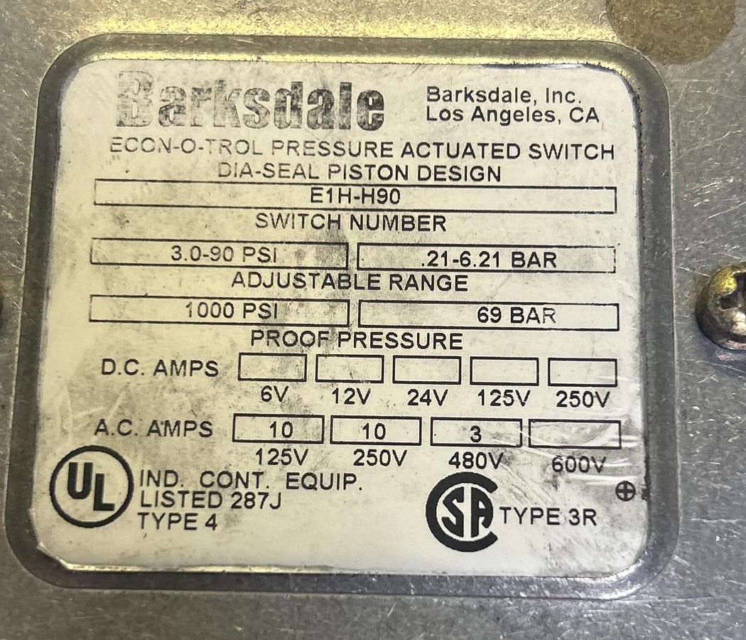Used BARKSDALE,E1H-H90,PRESSURE SWITCH