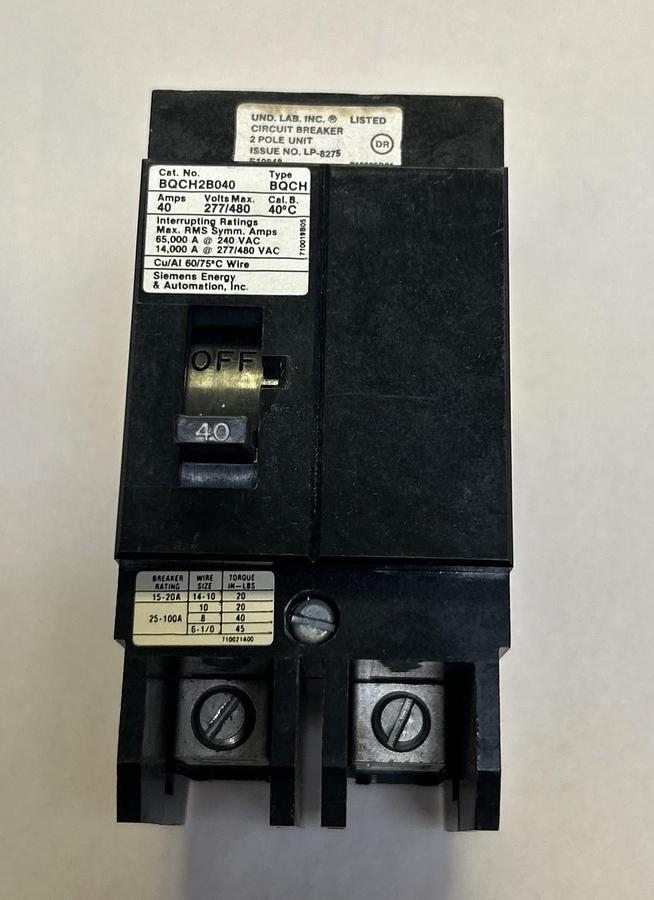 Used SIEMENS,BQCH2B040,CIRCUIT BREAKER 40A 277V 2P