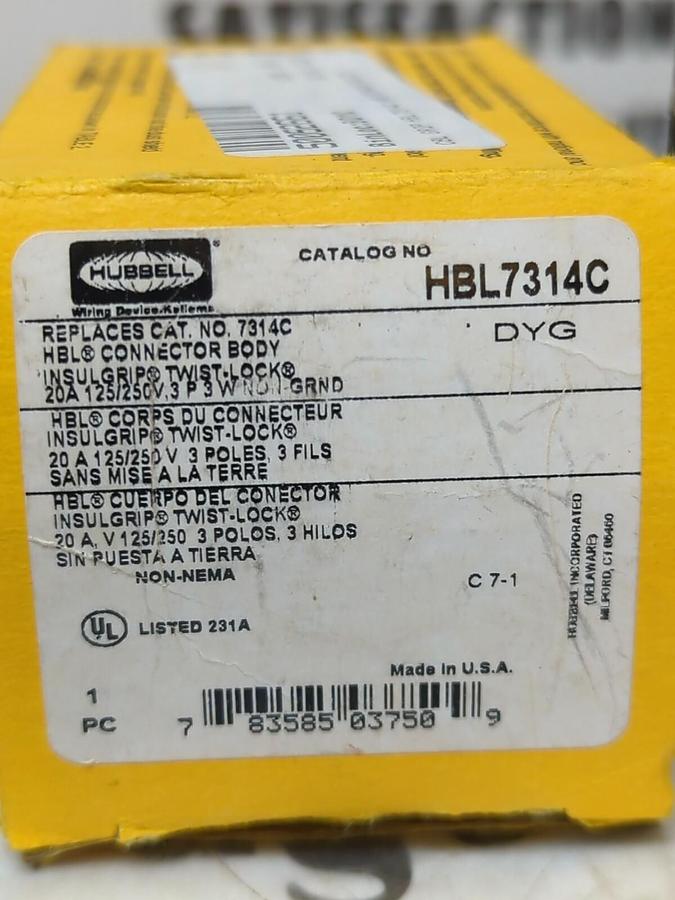 HUBBELL,HBL7314C,TWIST LOCK CONNECTOR 3-POLE 4-WIRE 20 AMP NOS