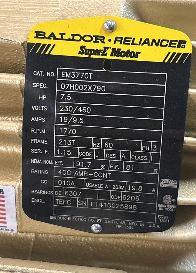 BALDOR,EM3770T,SUPER-E MOTOR 7.5HP 1770RPM 230/460V 3PH 213T FRAME NOS