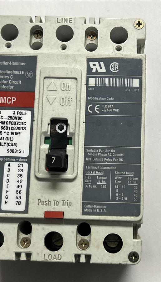 Used CUTLER HAMMER,HMCP007C0C,CIRCUIT BREAKER 7A 600V 3P LOT OF 2