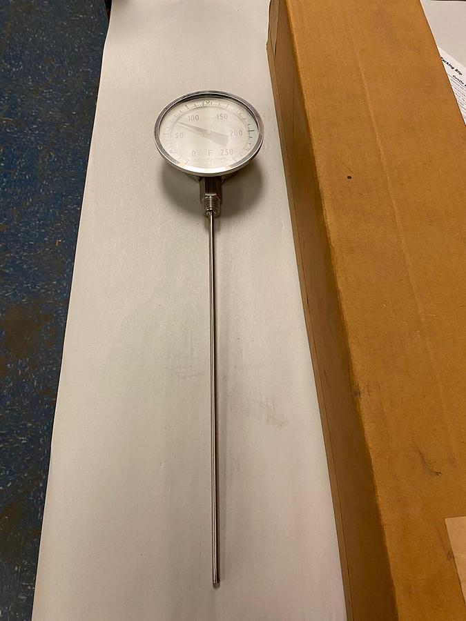 Used ASHCROFT,50-EI60-150,0-250F BIMETAL THERMOMETER SIZE 5IN 1/2IN NPT 15IN LENGTH
