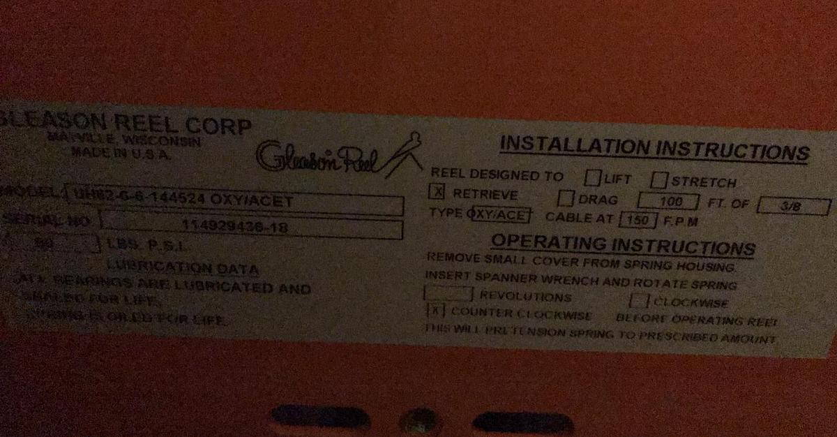 Used Hubbell Gleason,UH62-4-4-144524,WELD Cable Reel GR055316 100Ft 3/8" Oxy/ACET