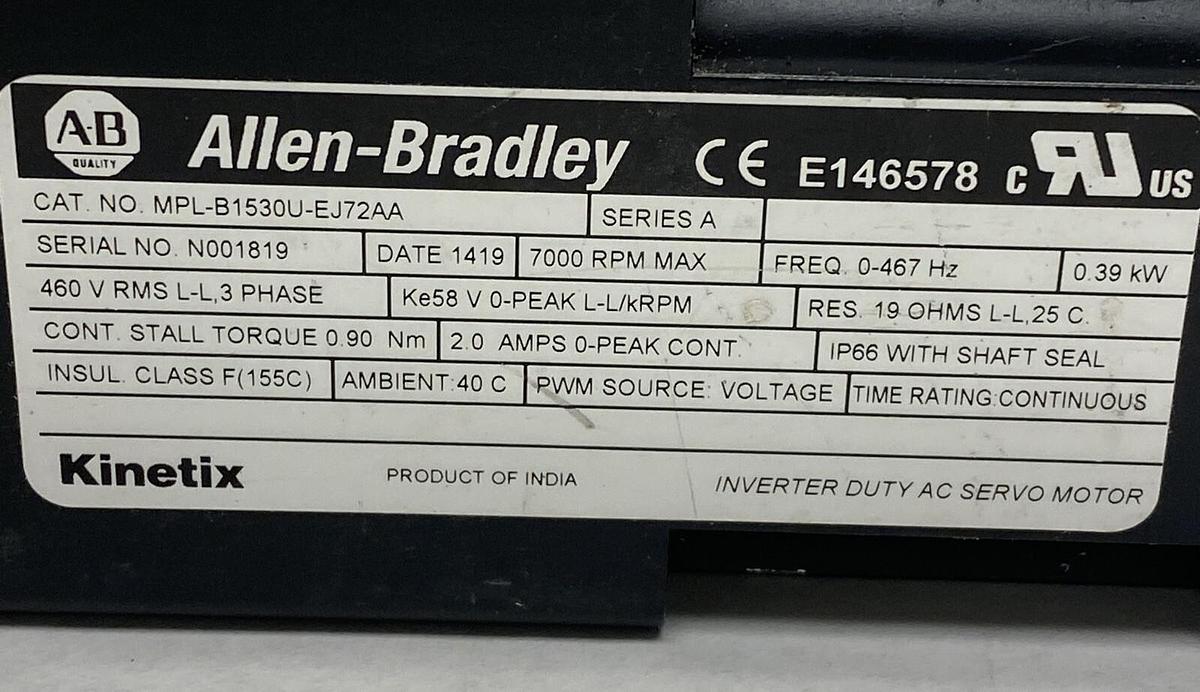 Used ALLEN BRADLEY,MPL-B1530U-EJ72AA,SER A SERVO MOTOR 7000 RPM