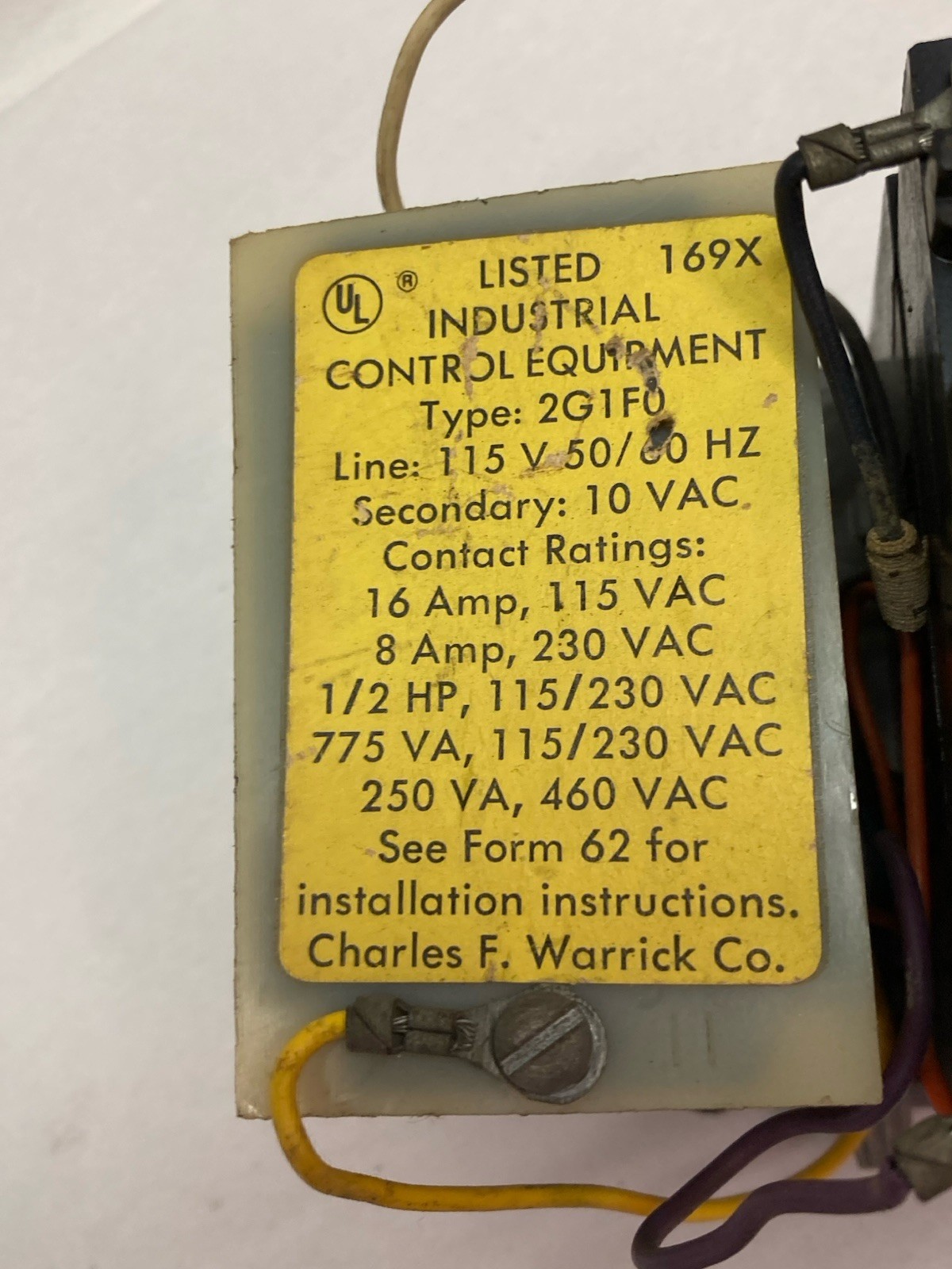 Used Warrick Controls,Type 2G1F0,Industrial Relay Control 115V 50/60Hz