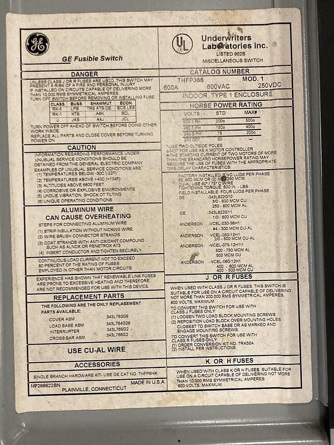 Used GE,THFP-366,3-Phase Panelboard Fusible Type QMR Switch 600A 600Vac 50Hp