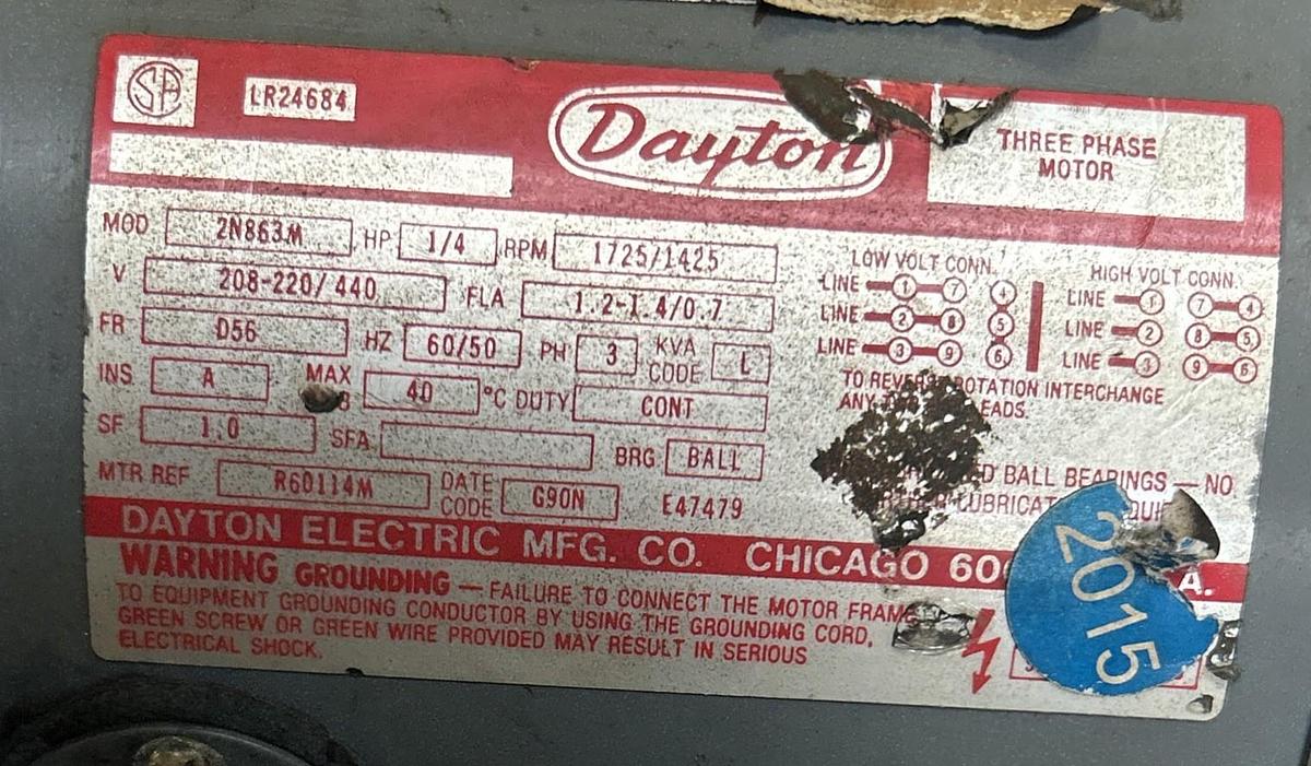 Used DAYTON,2N863M,MOTOR 1/4HP 1725RPM 208-22-440V 3PH D56 FRAME