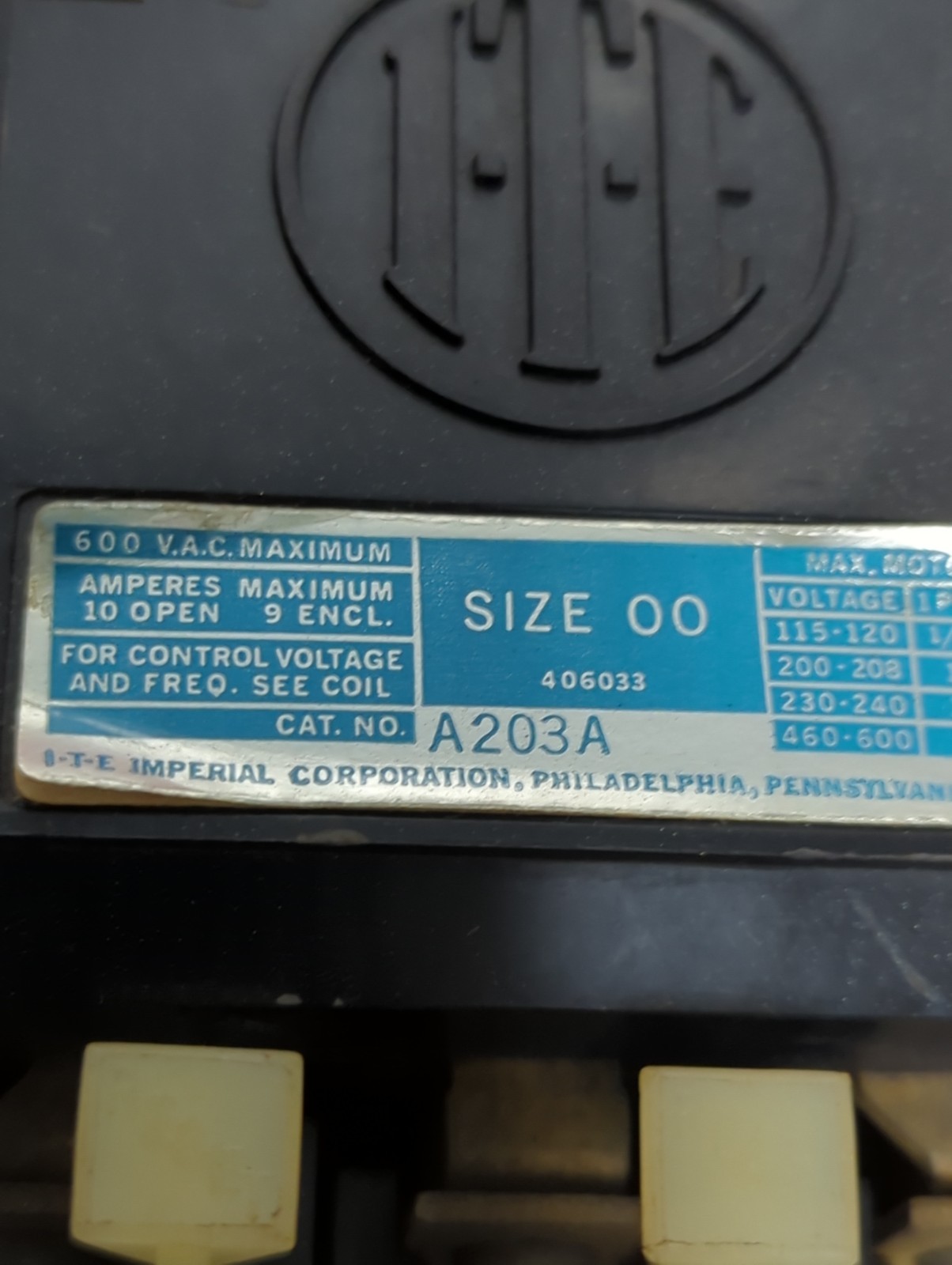 Used ITE,A203A,MOTOR STARTER SIZE 00 PRE-OWNED