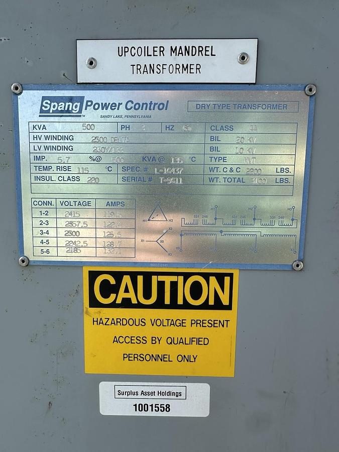 Used Spang,500KVA,3 Phase Dry Type Transformer HV-2500D to LV-230Y/133V
