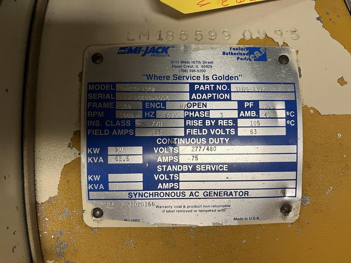 Used MI-JACK,3165-1352,CRANE SYNCHRONOUS AC GENERATOR 50KW 3PH FR 360