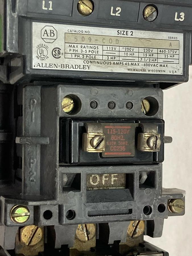 Used Allen-Bradley,509-COD,Size 2 Contactor Starter Ser A