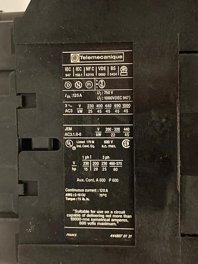 Used Telemecanique,LC1 D9511,3-Pole Contactor