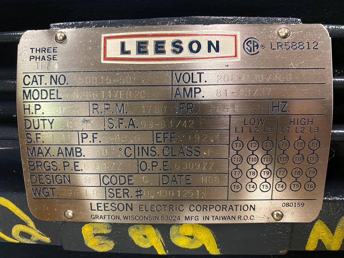Used LEESON,150015-50,30HP MOTOR 1780RPM 208-230/460V FRAME 286T
