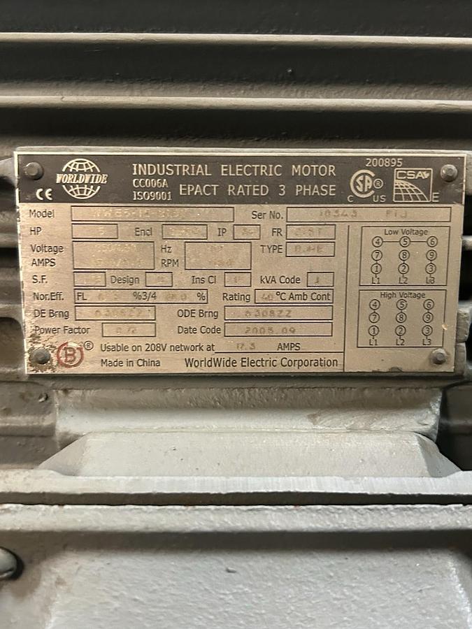 Used WORLDWIDE ELECTRIC,WWE5-12-215T,MOTOR 5HP 1180RPM 460V 3PH 418T FRAME