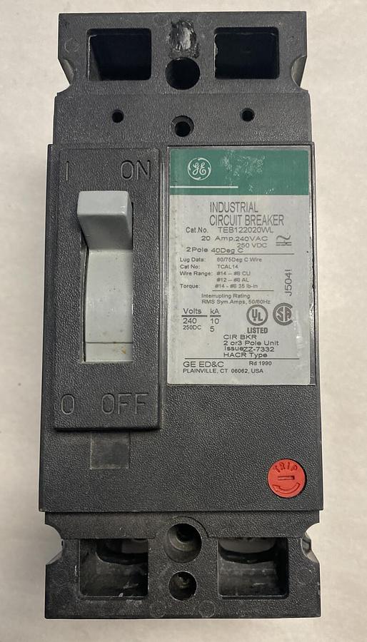 Used General Electric,GE TEB122020WL,Industrial Circuit Breaker 20AMP 240VAC 250VDC