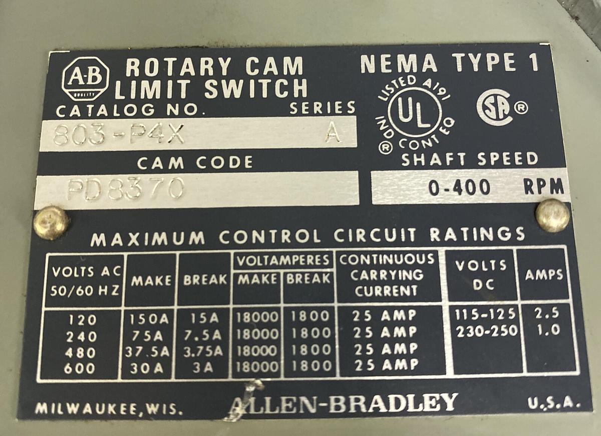 Used ALLEN BRADLEY,803-P4X,SER. A ROTARY CAM LIMIT SWITCH SIZE 1 0-400RPM