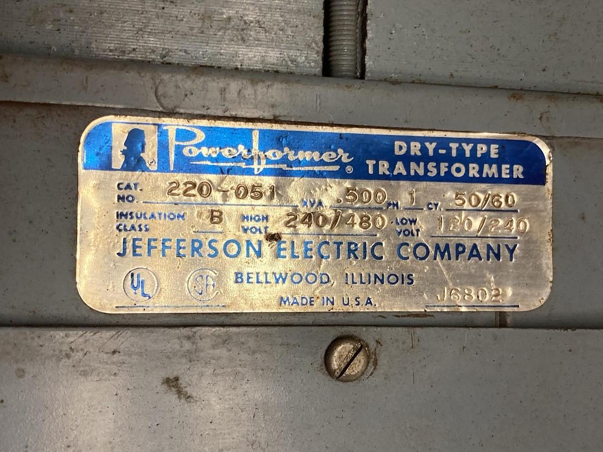 Used Jefferson Electric,220-051,Powerformer Dry Type Transformer 240/480 to 120/240V