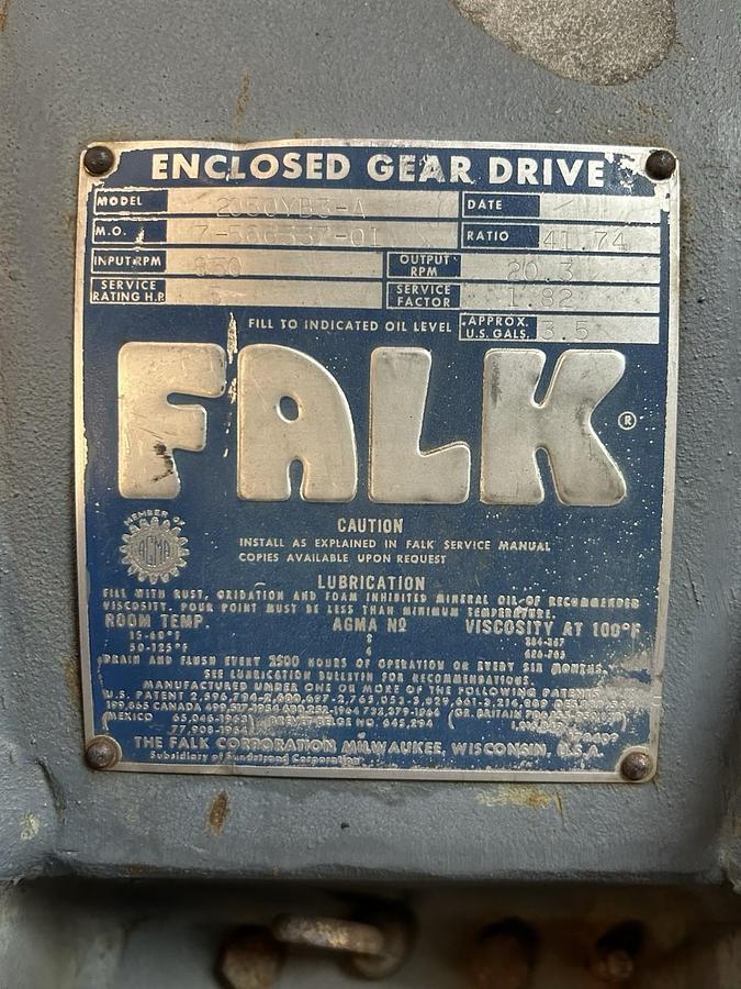 Used FALK,2050YB3-A,RIGHT ANGLE GEAR DRIVE 5HP 850RPM 41.74 RATIO