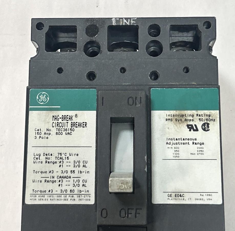 Used GENERAL ELECTRIC,TEC36150,CIRCUIT BREAKER 150A 600V 3P DAMAGED