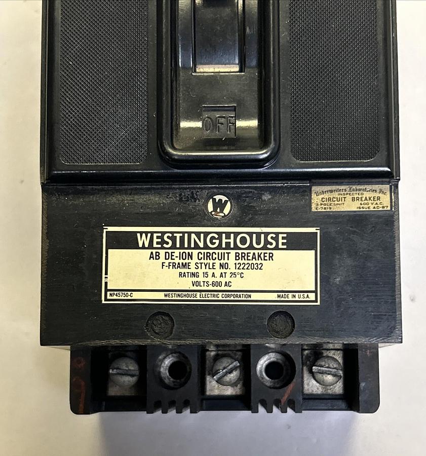 Used WESTINGHOUSE,1222032,CIRCUIT BREAKER 15A 600V 3P