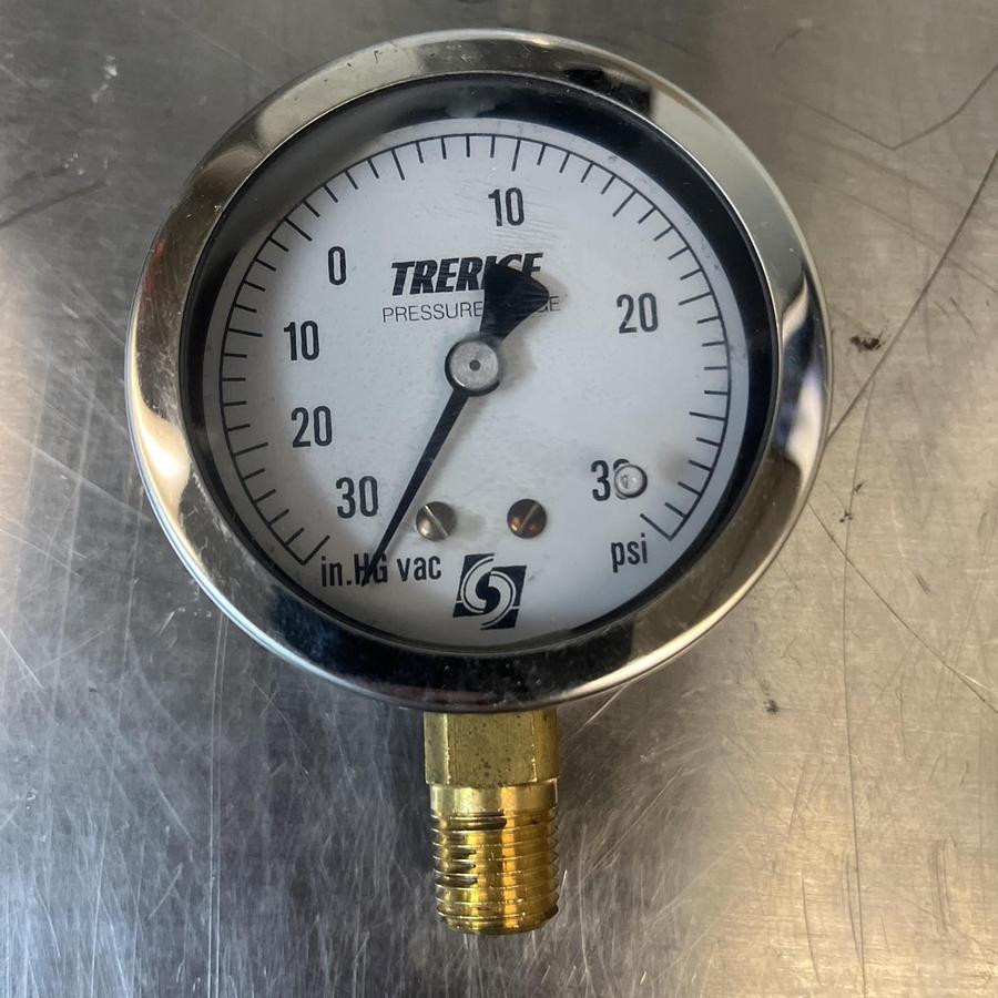 Used TRERICE,D82103,2-1/2" GAUGE D82LFB -30Hg-30PSI 1/4" NPT