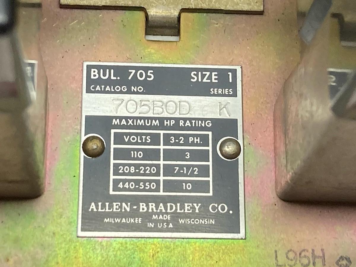 Used Allen Bradley,705-B0D,Contactor Ser K Size 1 110V
