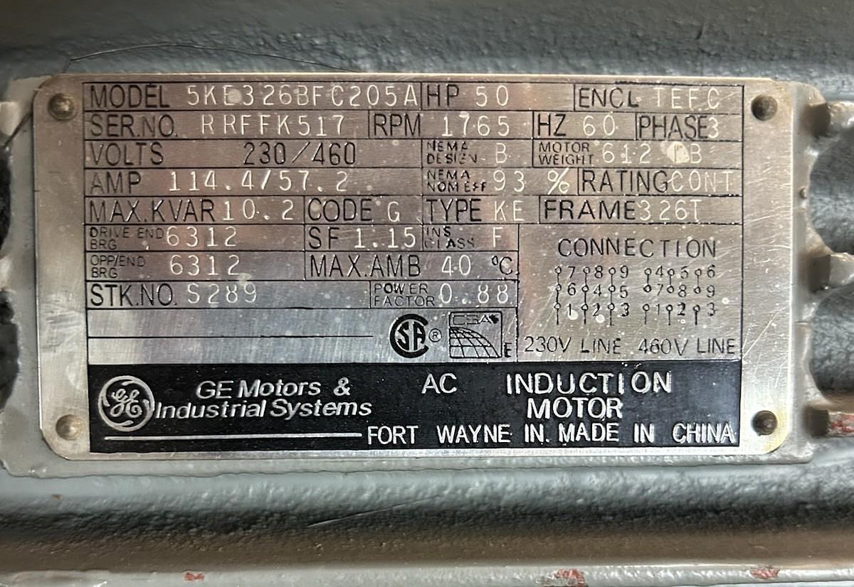 Used GENERAL ELECTRIC,5KE326BFC205A,AC MOTOR 50HP 1765RPM 460V 3PH 326T FRAME