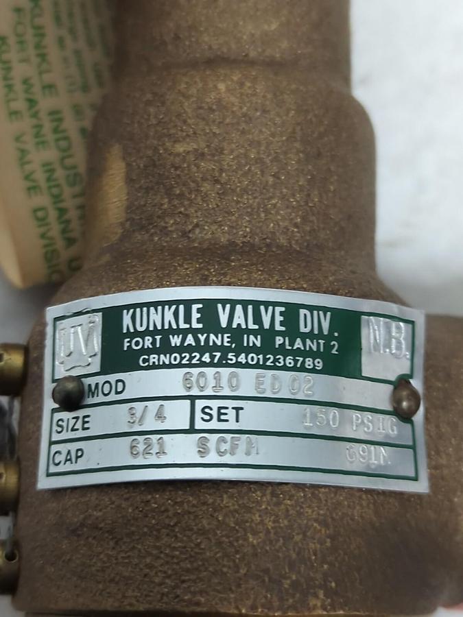 GARDNER DENVER KUNKLE,6010 ED02,3/4 INCH OUTLET PRESSURE RELIEF VALVE NOS