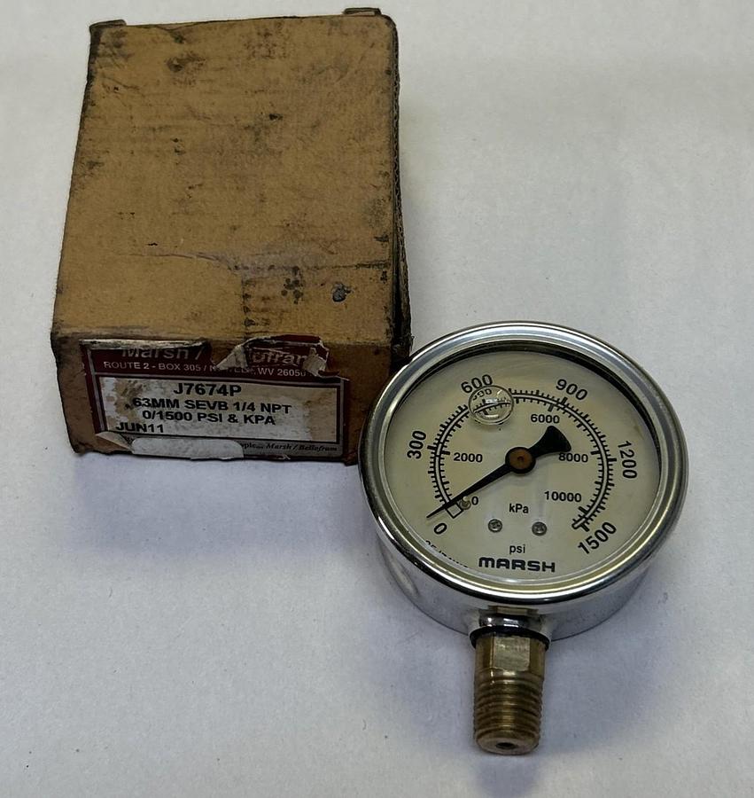 MARSH,J7674P,PRESSURE GAUGE 0-1500 PSI 1/4" NPT NOS
