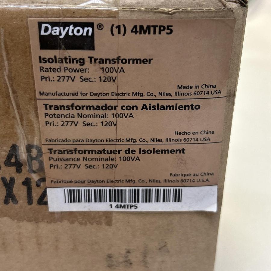 Used DAYTON,4MTP5,ISOLATING TRANSFORMER 100VA 277V PRI 120V SEC NEW