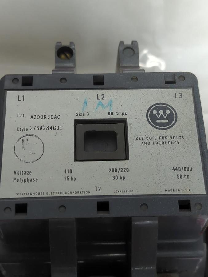 Used WESTINGHOUSE,A200K3C,MOTOR STARTER 90 AMP SIZE 3 STYLE 276A284G01 PRE-OWNED