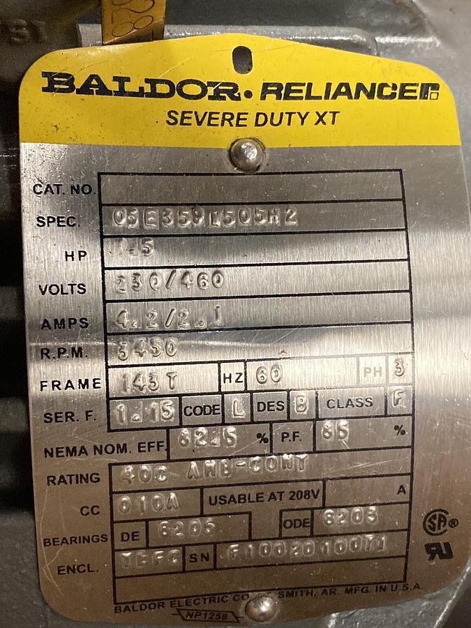 Baldor,CP3583T-4-F3,Industrial Motor 3450RPM 1.5HP 230/460V 143T Frame