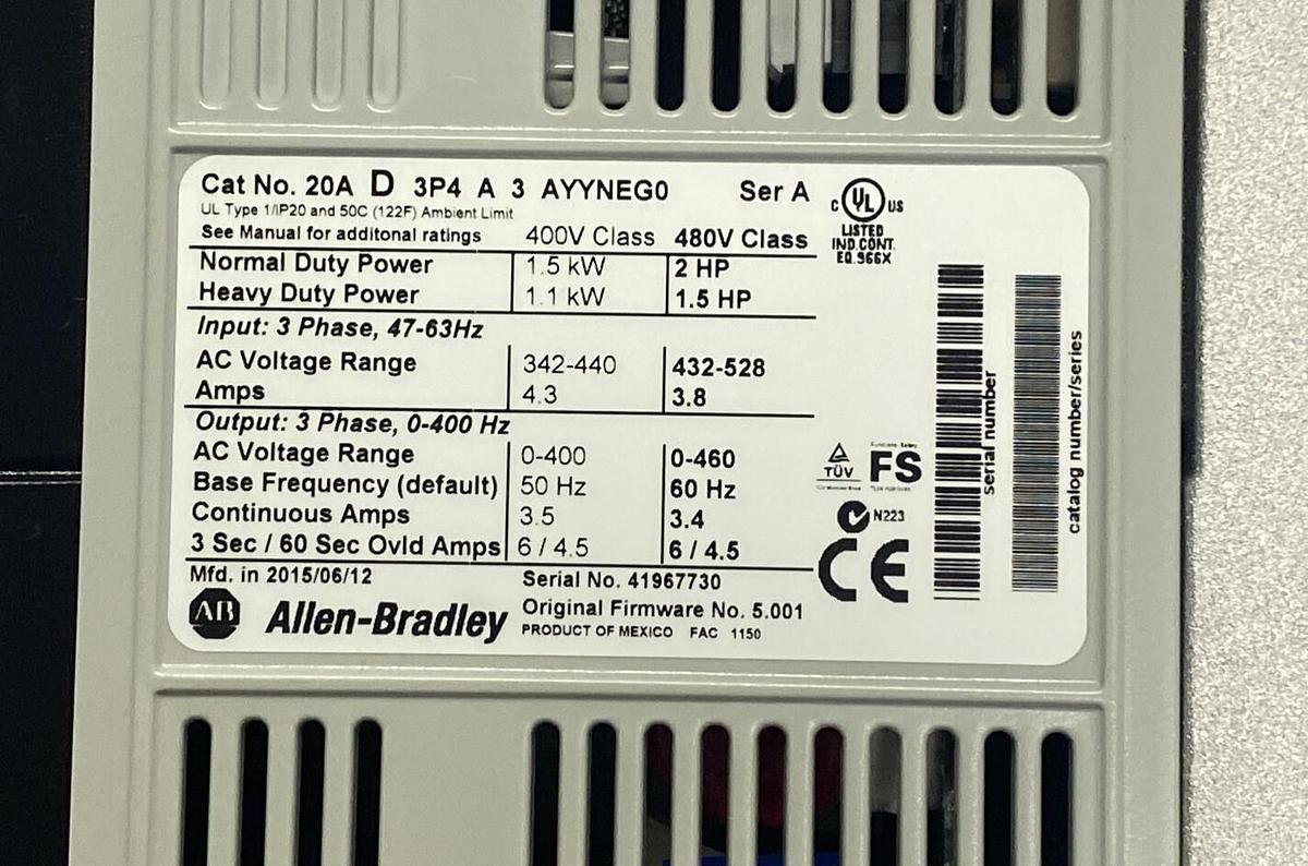 Used ALLEN BRADLEY,20AD3P4A3AYYNEG0,SER A POWERFLEX 70 AC DRIVE 1.5KW 2HP VFD REFURB