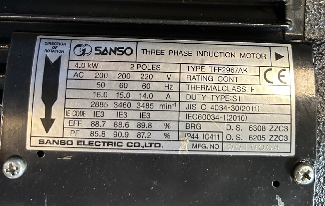 Used SANSO ELECTRIC,TFF2967AK,CENTRIFUGAL PUMP 4.0WK 200/220V 3PH