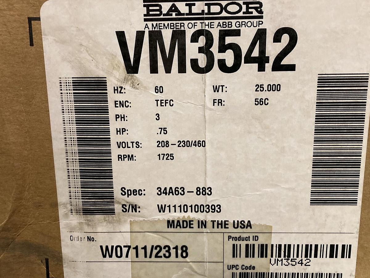 Baldor,VM3542,0.75HP Motor 1725RPM Frame 56C