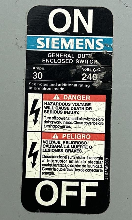 Used SIEMENS,GNF321,SAFETY SWITCH 30AMP 3P 240V