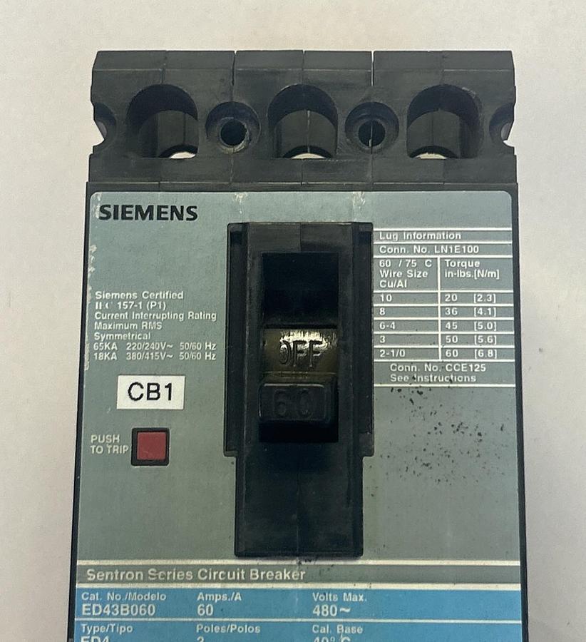Used SIEMENS,ED43B060,CIRCUIT BREAKER 60A 480V 3P