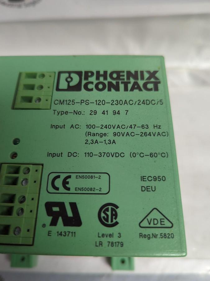 Used PHOENIX CONTACT,CM  125 PS-120-230AC/24DC/5,POWER SUPPLY TYPE 29 41 94 7