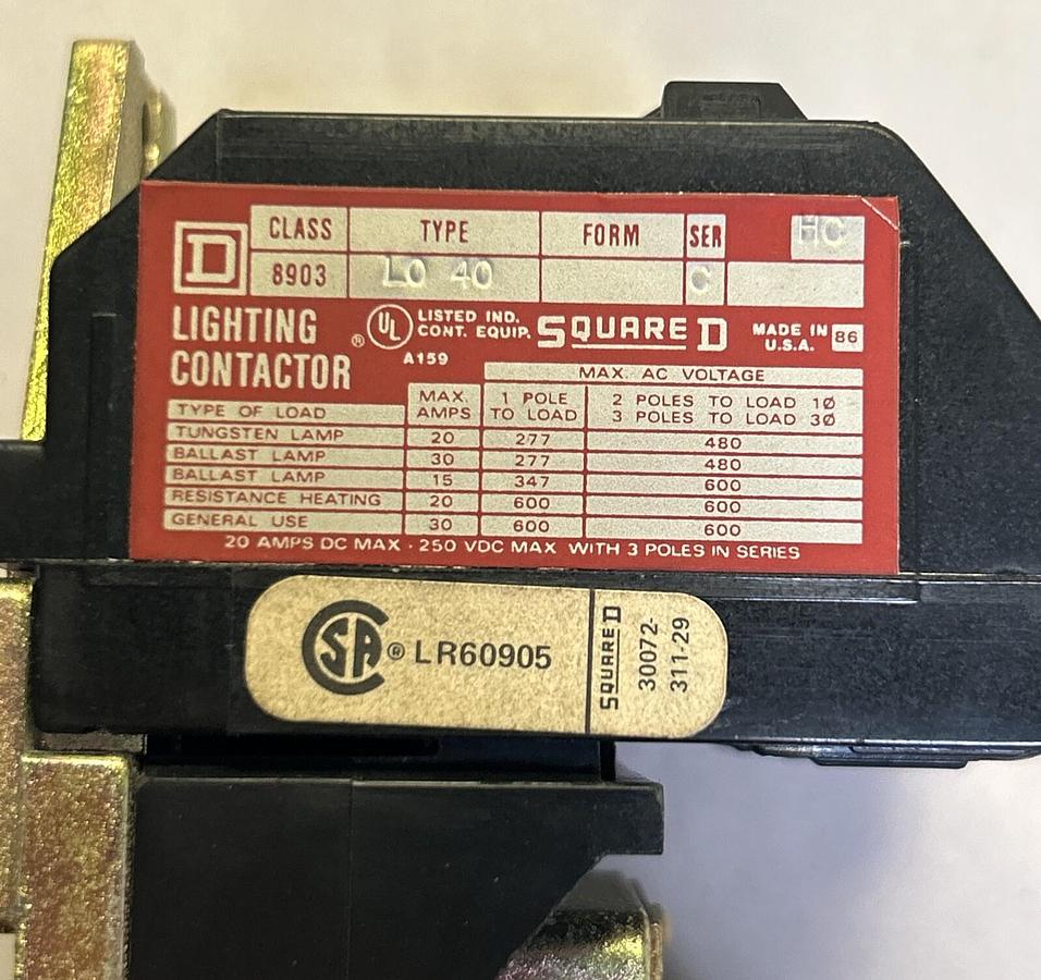 Used SQUARE D,8903L040,LIGHTING CONTACTOR