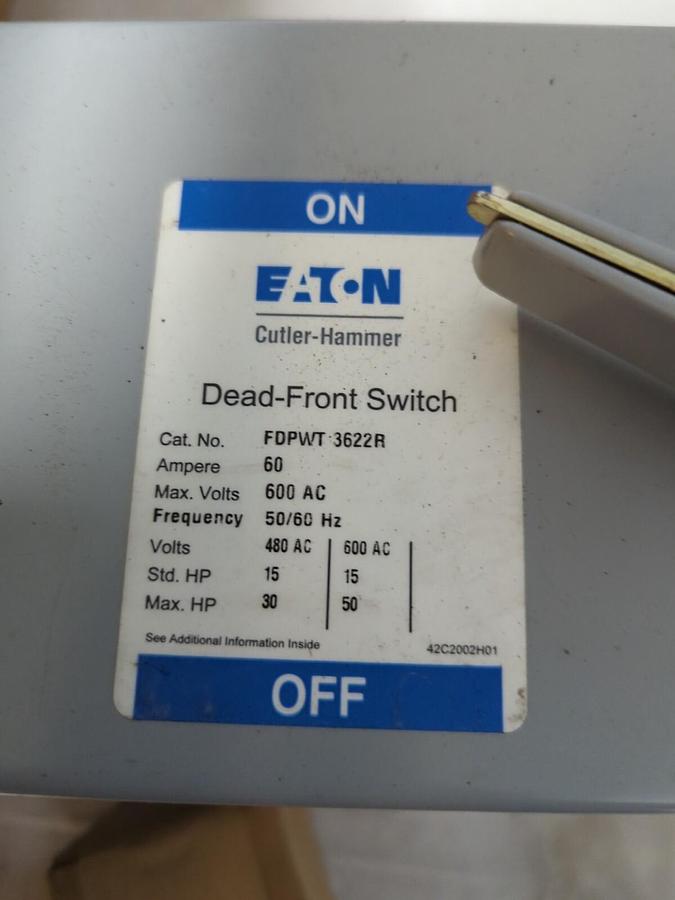 CUTLER HAMMER,FDWT 3622R,DEAD FRONT TWIN FUSIBLE SWITCH 60 AMP 600 VAC NOS