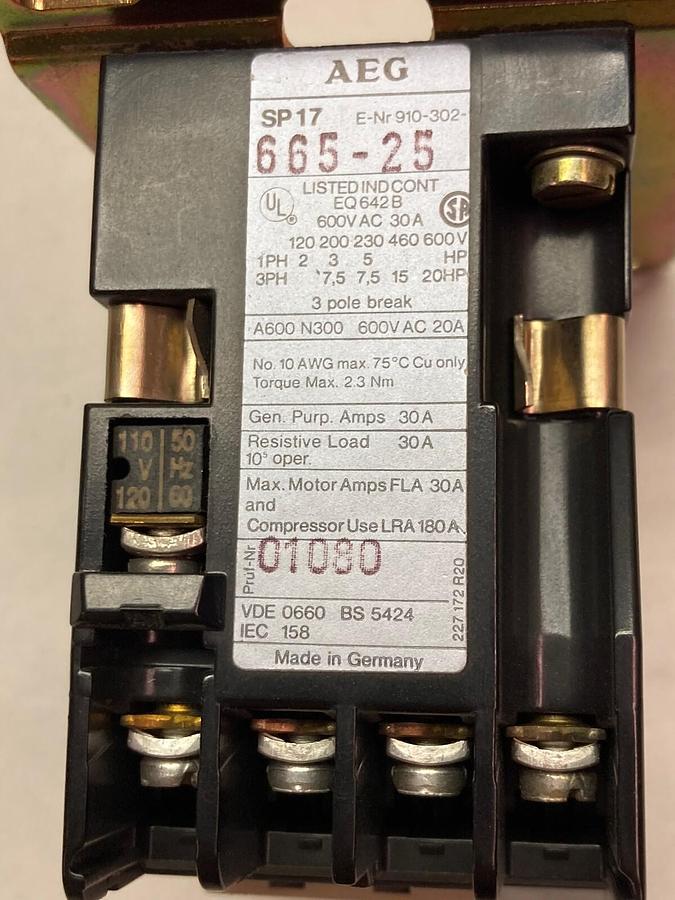 AEG,665-25,3-Pole Contactor 600Vac 30A