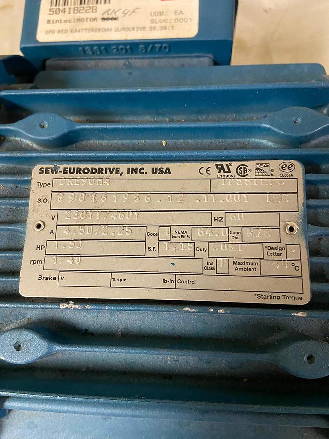 Sew Eurodrive,KA47TDRE90M4,1740/49RPM Ratio 35.39 1.5Hp