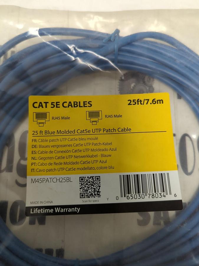 Used STARTECH,M45PATCH25BL,25FT CAT5E BLUE MOLDED UTP PATCH CABLE NEW