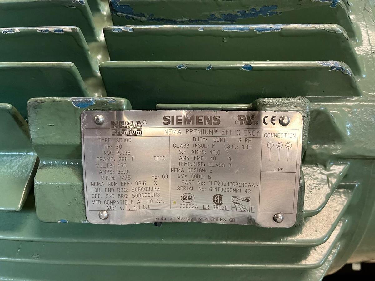 Used SIEMENS,1LE23212CB212AA3,SD100 MOTOR 30HP 1775RPM 3PH 286T