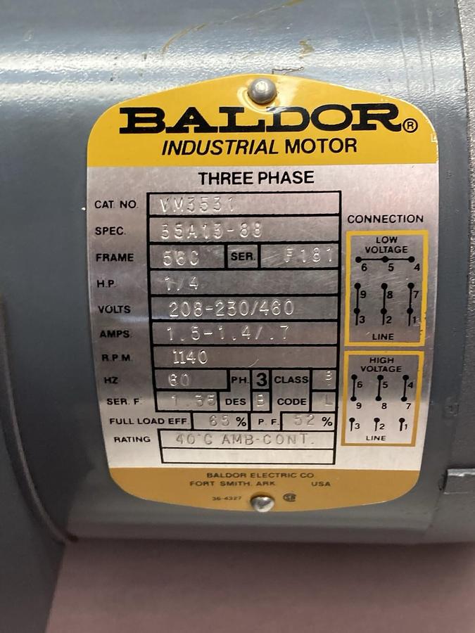 Baldor,VM3531,3-Phase Motor 208-230/460V 1140rpm 1/4Hp Frame 56C