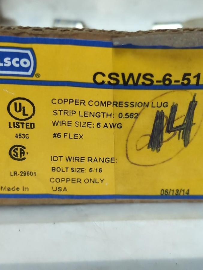 ILSCO,CSWS-6-516,COMPRESSION LUG WIRE SIZE 6 AWG 5/16 BOLT SIZE LOT OF 14 NOS