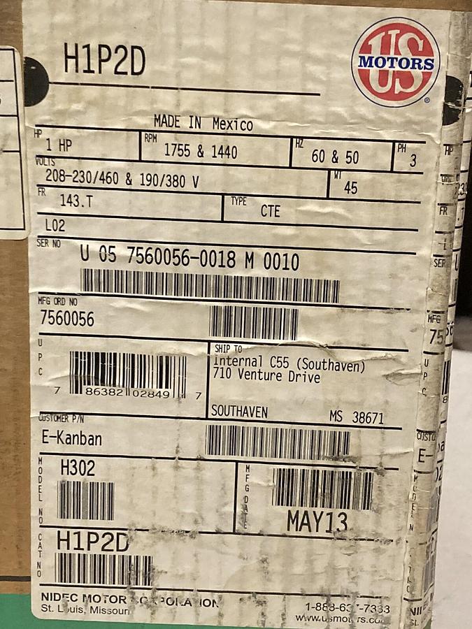 US Motor,H1P2D,3-Phase Motor 1 HP  Frame 143T  1755 RPM