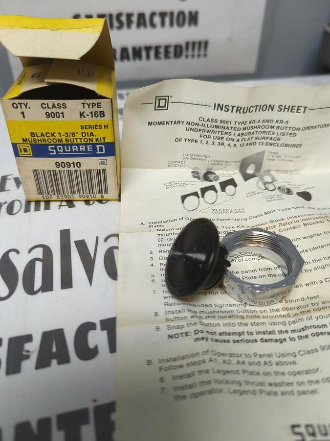 SQUARE D,K-16B,CLASS 9001 BLACK 1-3/8 INCH DIA. MUSHROOM BUTTON KIT NOS