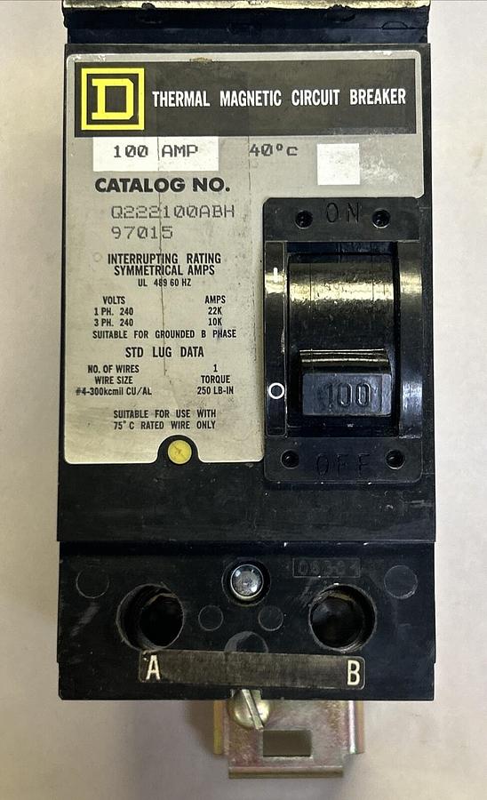 Used SQUARE D,Q222100ABH,I-LINE CIRCUIT BREAKER 100A 240V 2P