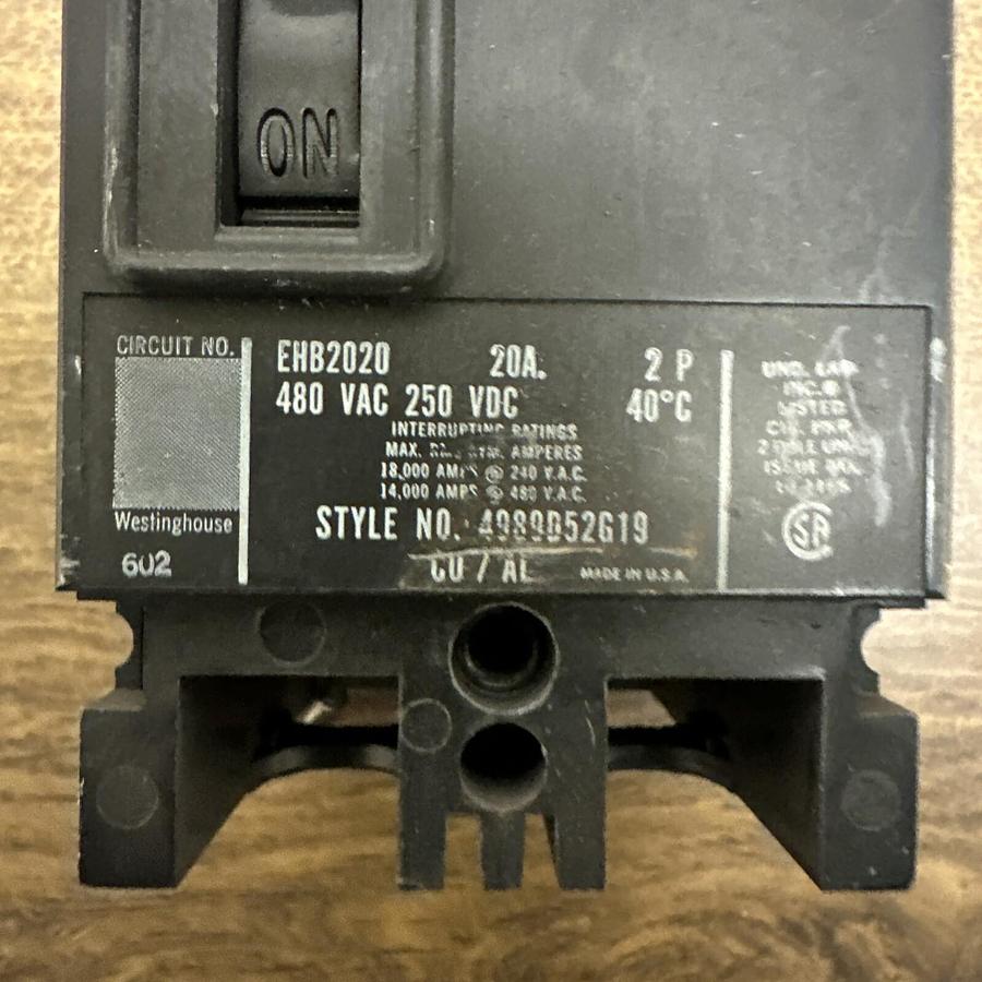 Used Westinghouse,EHB2020,2 Pole 20A Circuit Breaker